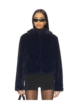 Superdown Tianna Faux Fur Jacket Navy Blue Sz XS